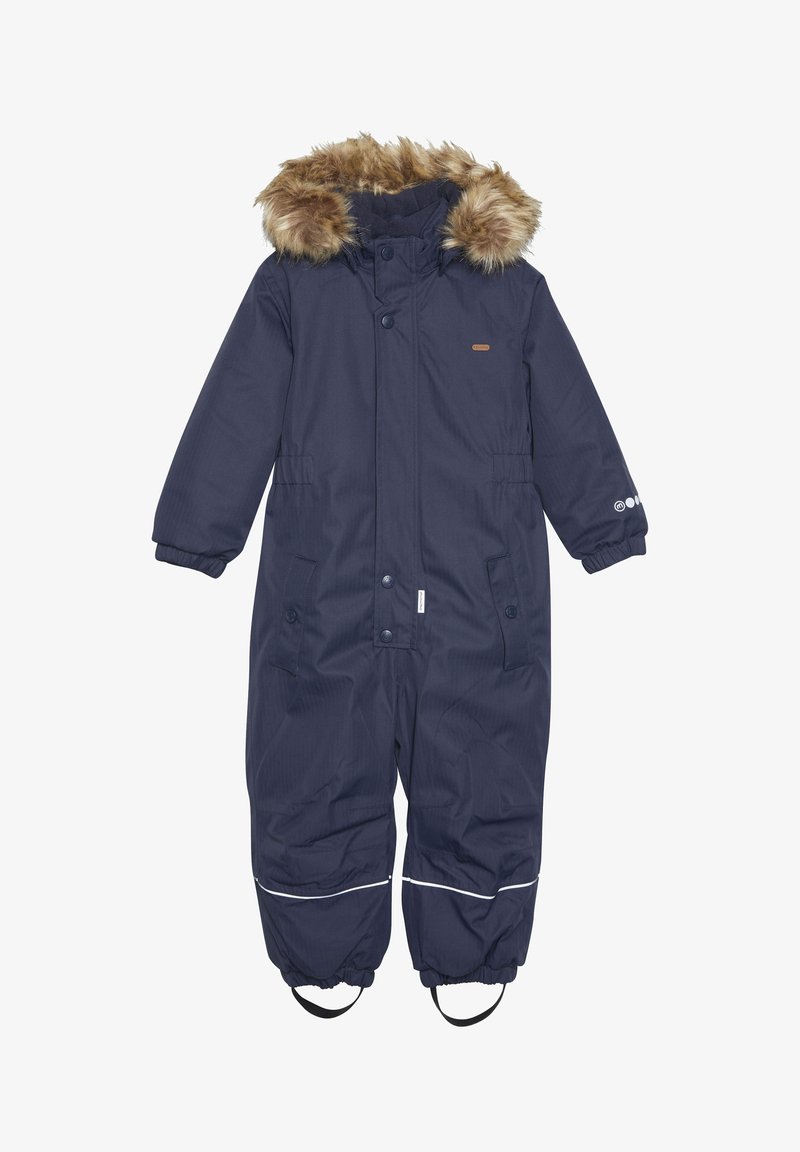 Marineblauw geïsoleerde sneeuwpak met een nepbont capuchon, drukknoopsluiting en elastische manchetten. Bevat een reflecterende strook en verstelbare voetbanden.