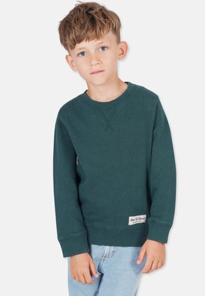 Grøn bomulds sweatshirt med rund hals, ribstrikkede manchetter og et mærke i kanten. Bæret med lyseblå jeans. Blød tekstur.