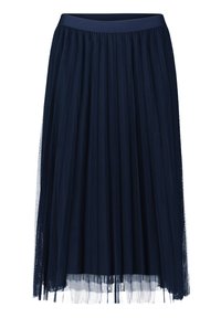 Gonna in tulle plissettato blu navy con vita liscia, caratterizzata da un design a strati e una texture trasparente, che raggiunge la lunghezza a metà polpaccio.