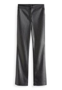 Schwarze Faux-Leder-Hosen mit geradem Bein, Knopf- und Reißverschluss, seitlichen Taschen und maßgeschneideter Taillenbund.
