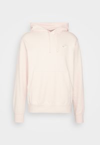 Ljusrosa hoodie, bomullstyg, kenguruficka, justerbar dragsko för huva, liten logotyp på bröstet, ribbade ärmmuddar och nederkant.
