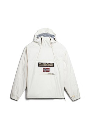 Anorak blanc à capuche avec poche zippée à l'avant, logo Napapijri et écusson du drapeau norvégien sur la poitrine, poignets élastiques et capuche réglable.