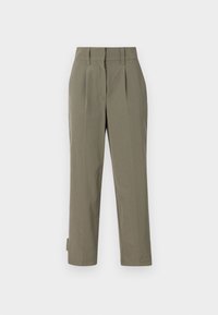 Khaki trousers made from lightweight fabric, featuring a high waist, pleats, and straight legs. Minimalist design with no visible hardware.