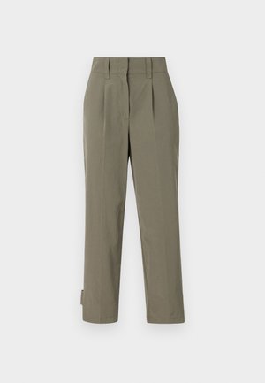 Kaki bukser laget av lett materiale, med høy midje, folder og rette ben. Minimalistisk design uten synlig utstyr.