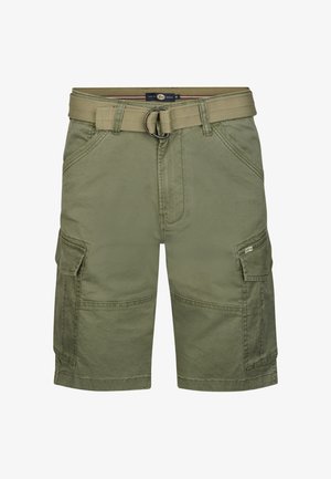 Olivengrønne cargoshorts lavet af stof med en holdbar tekstur. Har flere sidelommer og et vævet bælte med en metalspænde.