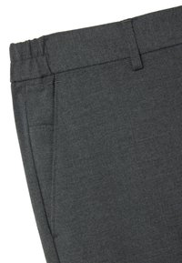 Graue maßgeschneiderte Hosen mit einer glatten Textur, einem flachen Bund und seitlichen Taschen mit dezenten Nähten.