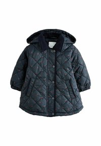 Gestepptes dunkelblaues Jackett mit Kapuze, das ein Kirschmuster in Rot und Grün aufweist, Druckknöpfe hat und elastische Bündchen für eine bequeme Passform bietet.