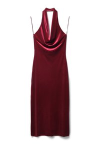 Bordeaux-farbenes ärmelloses Kleid mit Schalkragen und glatter Satin-Textur, das eine figurbetonte Silhouette hat und bis zur Mitte der Waden reicht.