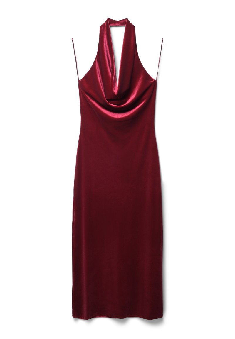 Bordeaux-farbenes ärmelloses Kleid mit Schalkragen und glatter Satin-Textur, das eine figurbetonte Silhouette hat und bis zur Mitte der Waden reicht.