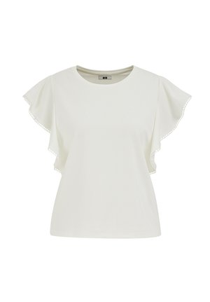 Biela krátka blúzka s krátkym rukávom s volánikmi lemovanými malými kruhovými ozdobami okolo okrajov a okrúhlym výstrihom.