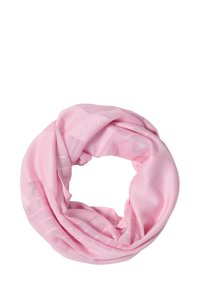Lys pink uendelighedsscarf lavet af glat stof, med et subtilt geometrisk mønster og blød tekstur, draperet i en cirkulær form.