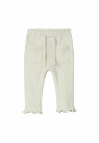 Witte, textuurde pantalons met een geribbeld patroon, elastische tailleband, twee frontzakken en ruches aan de enkels.