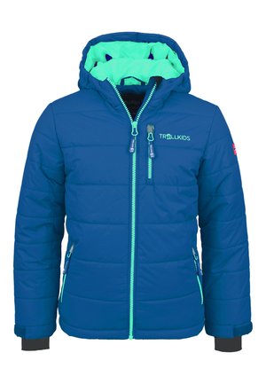 Blue insulated jacket with a green inner lining, featuring padded sections, two zippered pockets, and adjustable cuffs. Brand logo on chest.