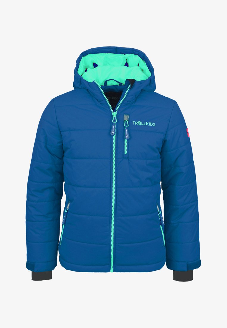Blue insulated jacket with a green inner lining, featuring padded sections, two zippered pockets, and adjustable cuffs. Brand logo on chest.