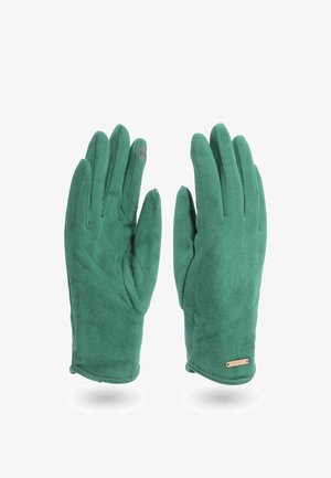 Guanti in suede verde con una superficie liscia, caratterizzati da un piccolo accentuazione metallica sul polso e una punta compatibile con il touchscreen.