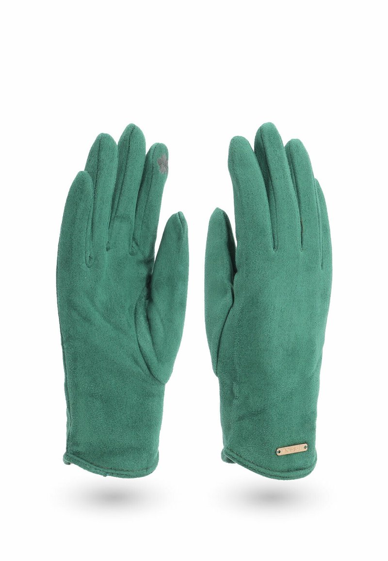 Guanti in suede verde con una superficie liscia, caratterizzati da un piccolo accentuazione metallica sul polso e una punta compatibile con il touchscreen.