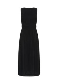 Robe midi noire sans manches avec des détails de tissu froncés et des accents de coutures horizontales à la taille et à la poitrine.