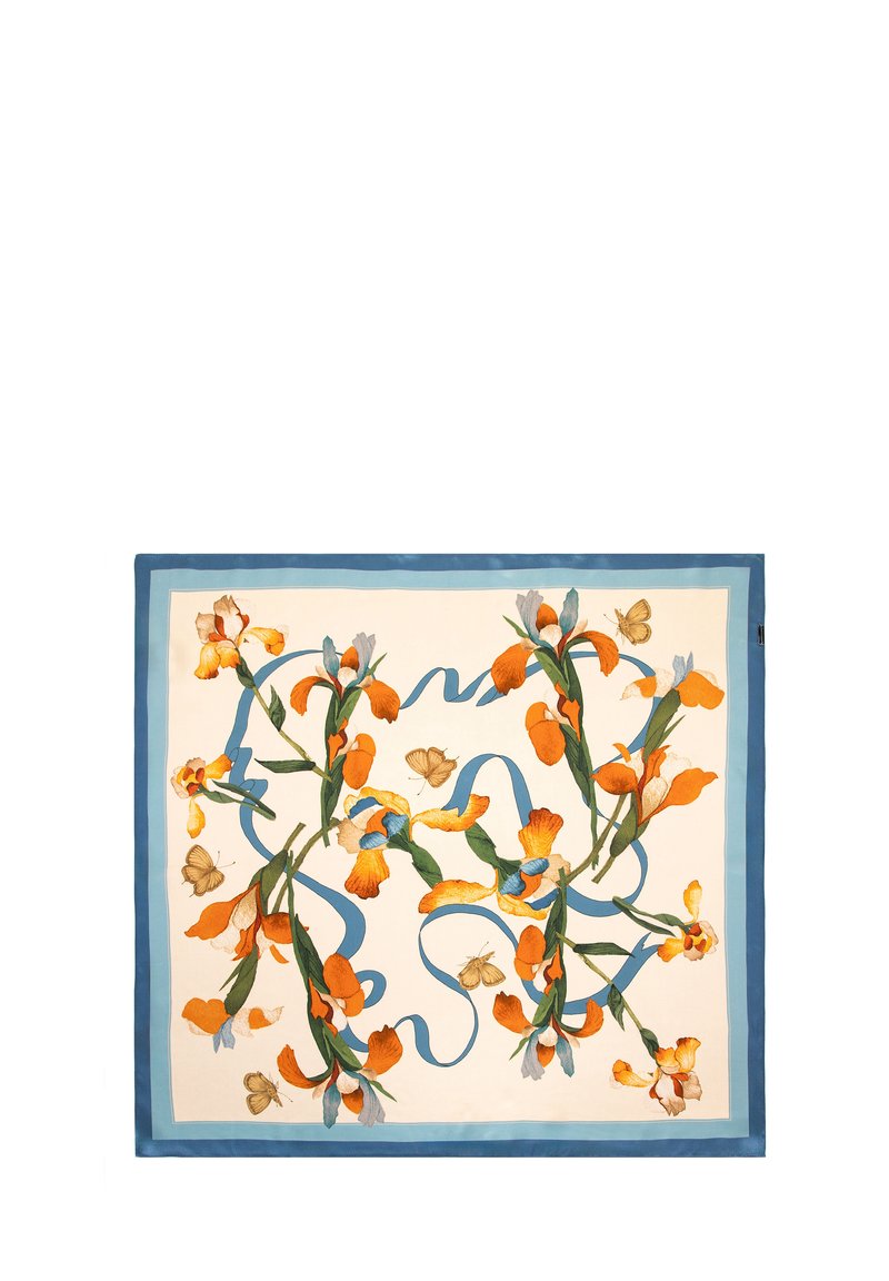 Foulard di seta con motivi floreali arancioni e blu, farfalle e dettagli in nastro blu su uno sfondo crema con bordo blu.