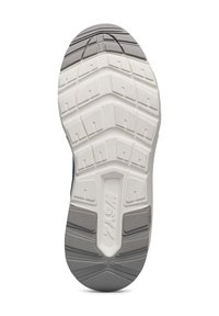 Suola di scarpa con superficie in gomma testurizzata e decorata. Presenta un motivo di battistrada a zigzag in grigio e bianco, con un design robusto e imbottito.