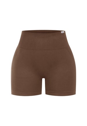 Braune Stretchshorts mit hohem Taillenbund. Glatte Textur, enganliegendes Design und keine sichtbaren Nähte oder Muster. Schlicht und vielseitig.