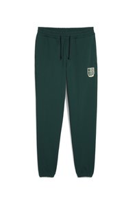 Tamsiai žali sportiniai kelnių gaminiai iš minkštos medžiagos, su elastingu juosmeniu ir raišteliu bei mažu logotipo užkliju ant kairiojo šlaunies.