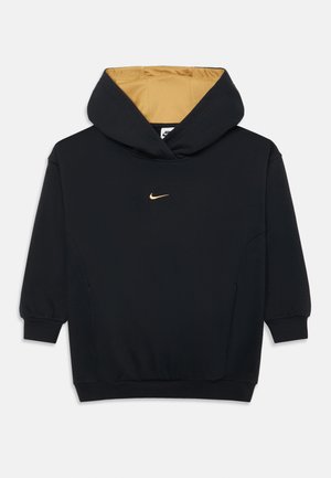 Schwarzer Kapuzenpullover mit goldenem Nike-Logo, Kapuze mit senfgelber Innenfütterung, lange Ärmel mit elastischen Bündchen und einer Kängurutasche. Weicher Stoff mit angenehmem Griff.