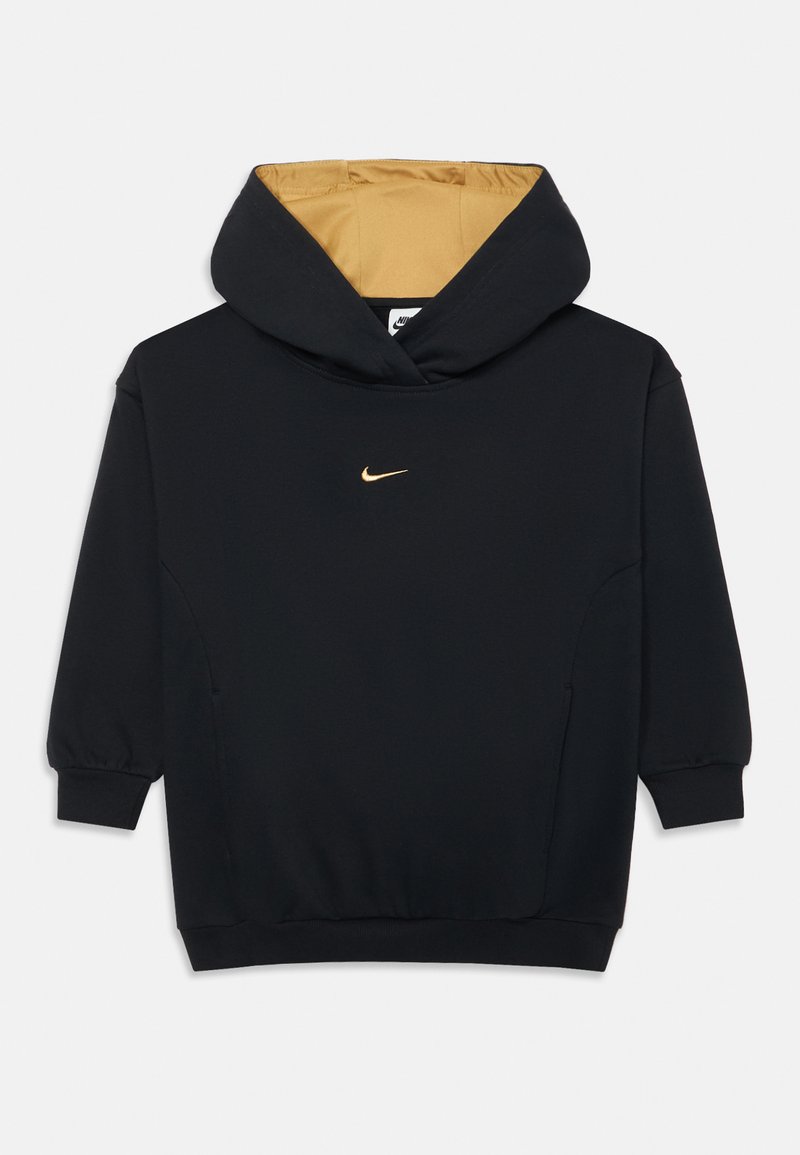 Hoodie preto com logo da Nike em dourado, capuz forrado em amarelo mostarda, mangas longas com punhos elásticos e um bolso canguru. Textura de tecido macio.