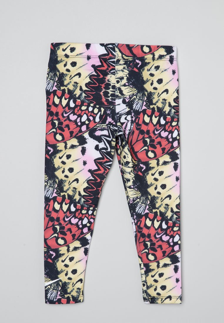 Leggings colorés présentant un motif de papillon en rouge, noir, jaune et rose. Fabriqués en tissu extensible avec une texture lisse.