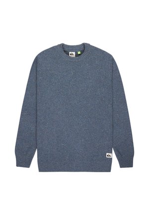 Svetre s okrúhlym výstrihom a dlhými rukávmi modrej farby vyrobený z štruktúrovanej tkaniny; má malé logo na dolnej prednej strane a rebrované manžety a spodný lem.