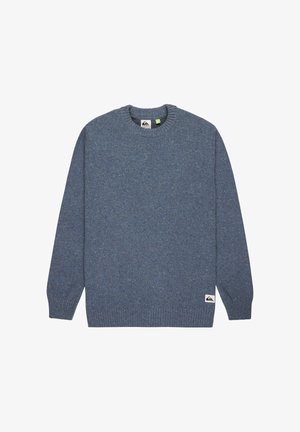 Svetre s okrúhlym výstrihom a dlhými rukávmi modrej farby vyrobený z štruktúrovanej tkaniny; má malé logo na dolnej prednej strane a rebrované manžety a spodný lem.