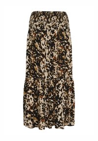 Leopard print skirt with a smocked waistband, tiered ruffles, and a lightweight fabric in shades of black, brown, and beige.