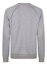 Grå sweatshirt med ribbat rundhals, långa ärmar och en strukturerad yta. Avslappnad design med en solid färg genom hela plagget.