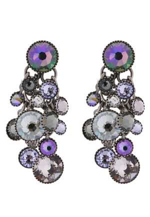Boucles d'oreilles en style cluster avec des cristaux ronds facettés de différentes tailles en tons violet, gris et irisés, montés sur un métal foncé.