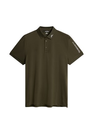 Niebieska oliwkowa koszulka polo z kołnierzykiem z zakładką, z trzema guzikami i krótkimi rękawami. Posiada logo "J.LINDEBERG" na lewym rękawie.