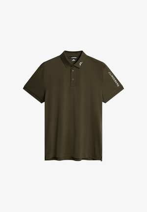 Niebieska oliwkowa koszulka polo z kołnierzykiem z zakładką, z trzema guzikami i krótkimi rękawami. Posiada logo "J.LINDEBERG" na lewym rękawie.