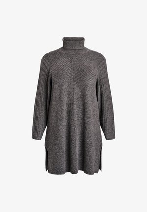 Tummaharmaa neulehuppari, jossa on pitkät hihat, ribattua pintaa ja sivuventtiilit helmassa.