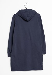 Abito con cappuccio blu navy, realizzato in morbido tessuto misto cotone, presenta maniche lunghe, cappuccio con coulisse e vestibilità rilassata, con una texture liscia.