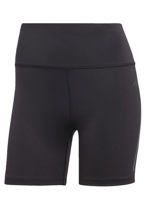 Czarne sportowe szorty z wysokim stanem, płaskimi szwami i subtelnym logo na prawej biodrze, zaprojektowane do ćwiczeń lub codziennego noszenia.