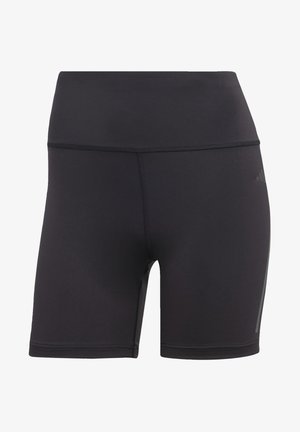 Pantalones cortos deportivos negros de cintura alta con costuras planas y un logo sutil en la cadera derecha, diseñados para hacer ejercicio o para uso casual.