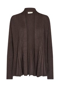 Brun ribbad cardigan med en flödande silhuett, öppen frampart, och l�ånga ärmar med texturerad detaljöver hela plagget.