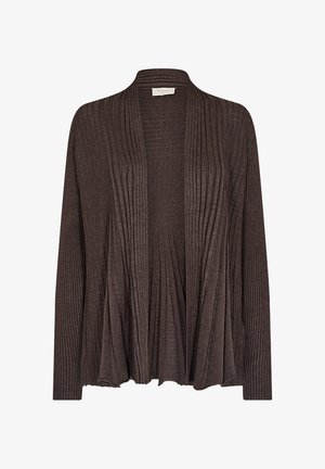Brun ribbad cardigan med en flödande silhuett, öppen frampart, och långa ärmar med texturerad detaljöver hela plagget.