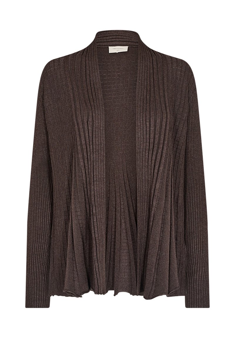 Brun ribbad cardigan med en flödande silhuett, öppen frampart, och långa ärmar med texturerad detaljöver hela plagget.