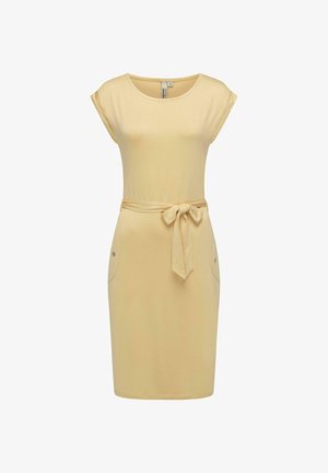 Rochie galbenă cu mânecă scurtă, design ajustat, curea legată în talie și două buzunare laterale cu accente de nasturi. Material din bumbac moale.