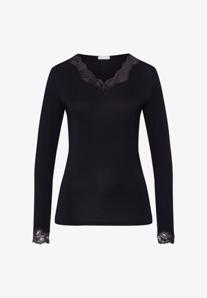 Černý dlouhý rukáv top vyrobený z hladké tkaniny, s krajkovým véčkovým výstřihem a krajkovými detaily na rukávech. Přiléhavý střih a jemná textura.