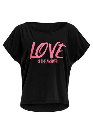 Black T-shirt with a loose fit, wide neckline, and short sleeves. Features pink text: "LOVE IS THE ANSWER" prominently displayed.