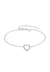 Silverarmband med ett hjärtformat hänge med diamanter runt kanten, säkrat med en kräftklo och justerbar kedja.