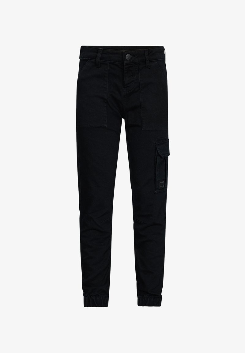 Zwarte cargobroek van duurzaam materiaal, met meerdere zakken, een rechte pasvorm, elastische boorden en een knoopsluiting.