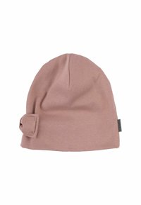 Berretto a maglia rosa con una texture liscia, caratterizzato da un dettaglio a nodo laterale e una piccola etichetta sul bordo. Tessuto morbido e elasticizzato.