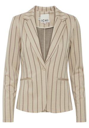 Blazer beige avec des rayures verticales brunes, en tissu doux, doté d'un revers cranté, de deux poches avant et d'une fermeture à un bouton.