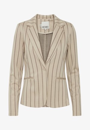 Beige Blazer mit vertikalen braunen Streifen, aus weichem Stoff, mit einem Reverskragen, zwei aufgesetzten Taschen und einem Ein-Knopf-Verschluss.